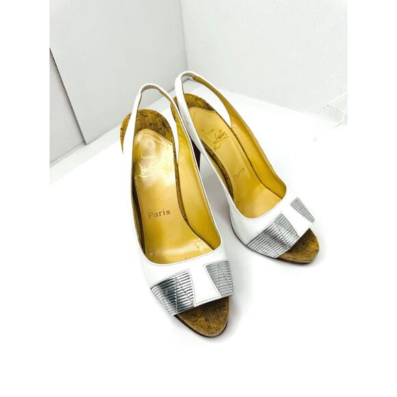 Christian Louboutin Nappa Cork Moyen Slingback Peep Toe Pumps White Silver EU 38 - Picture 4 of 9